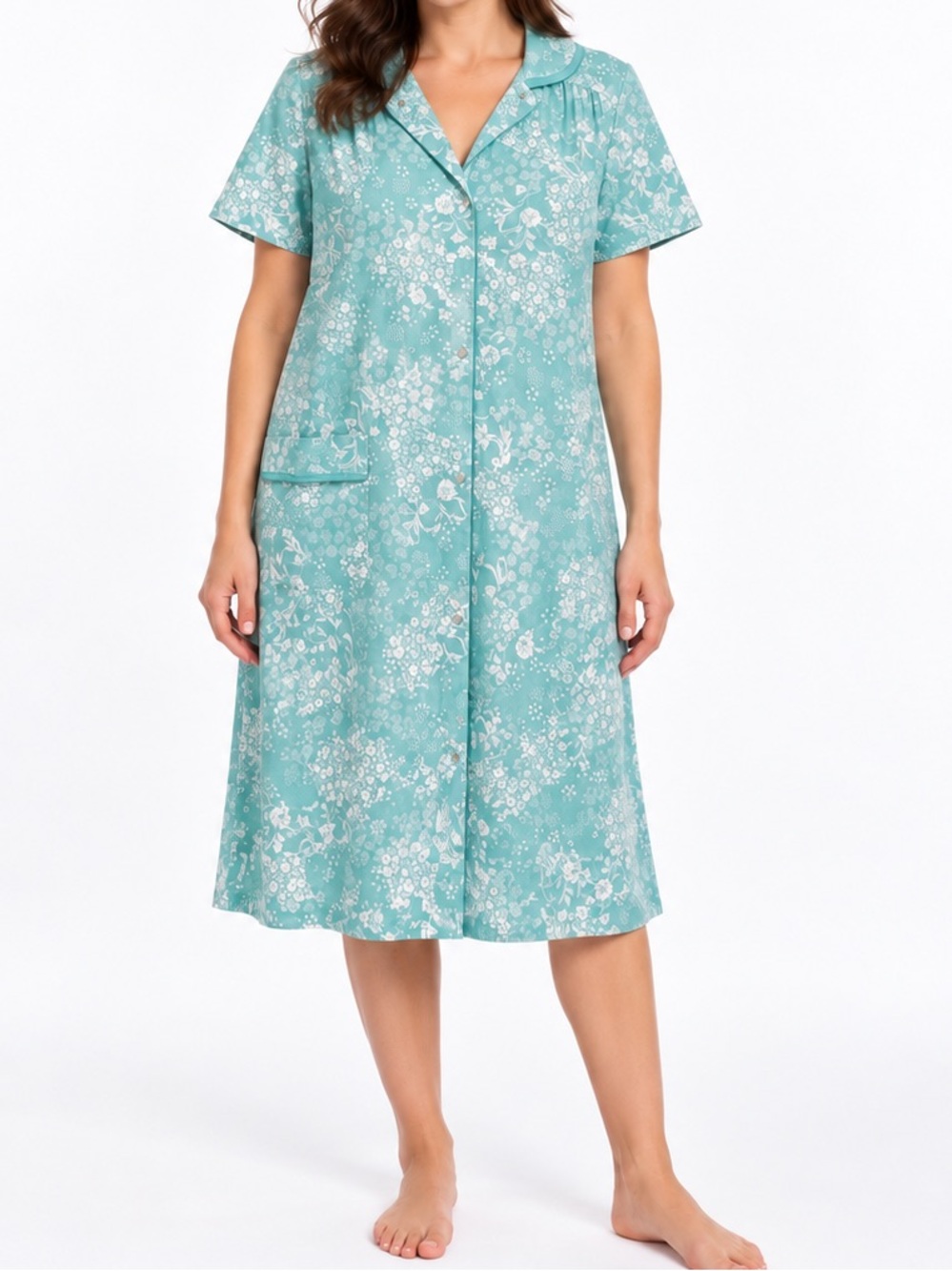 Vintage 80’s Haband Aqua Floral Snap Front House Dress Robe Medium Cottagecore